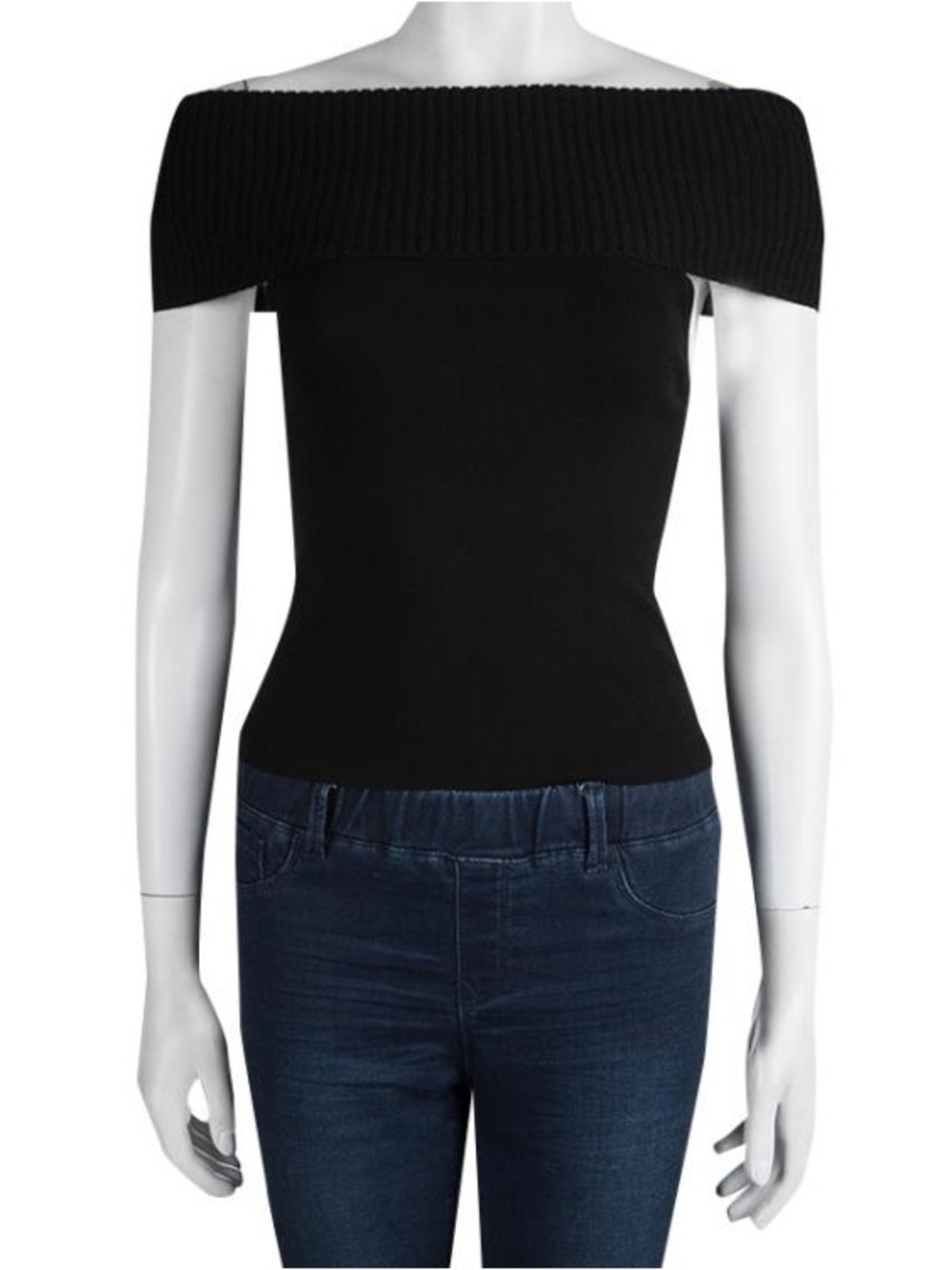 Alice + Olivia Black Off-the-Shoulder Ribbed Sweater